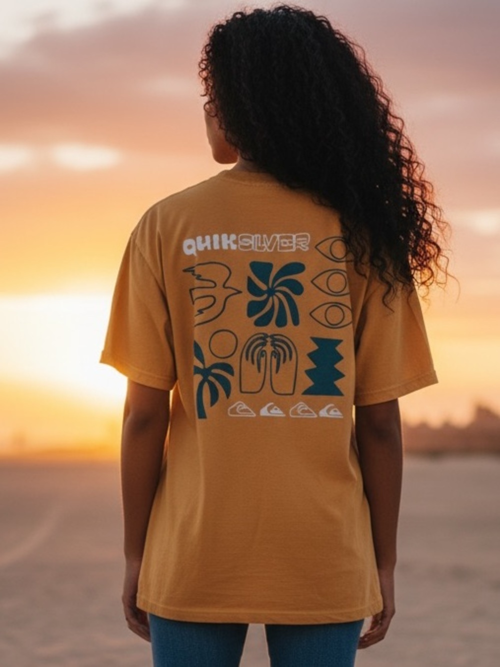 Quicksilver Graphic Tee Tan Mustard Palm Tree Logo Large - Picture 5 of 7